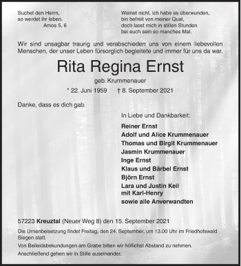 Traueranzeige von Rita Regina Ernst von Siegener Zeitung