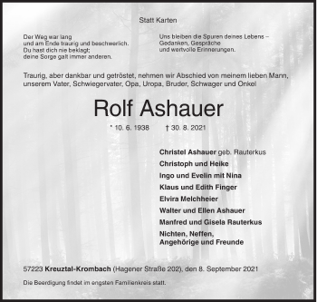 Traueranzeige von Rolf Ashauer von Siegener Zeitung