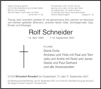 Traueranzeige von Rolf Schneider von Siegener Zeitung