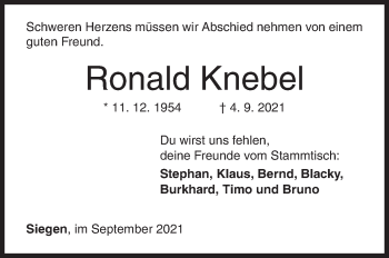 Traueranzeige von Ronald Knebel von Siegener Zeitung