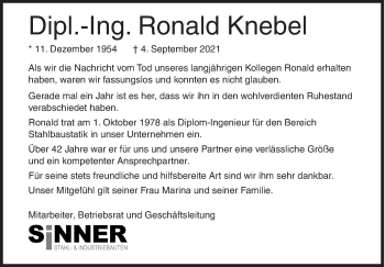 Traueranzeige von Ronald Knebel von Siegener Zeitung