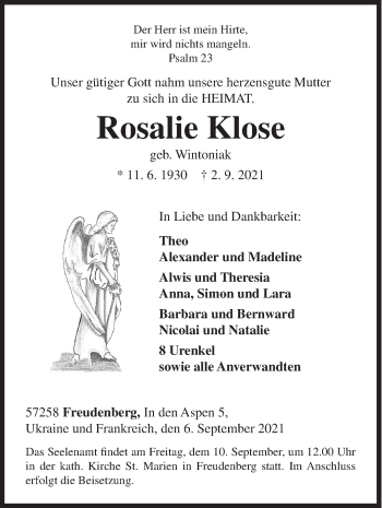 Traueranzeige von Rosalie Klose von Siegener Zeitung