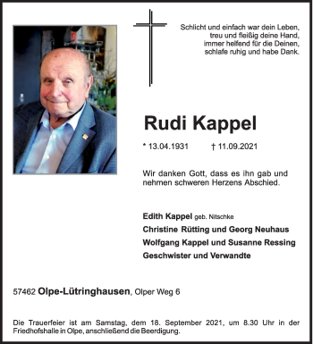Traueranzeige von Rudi Kappel von Siegener Zeitung
