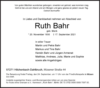 Traueranzeige von Ruth Bahr von Siegener Zeitung