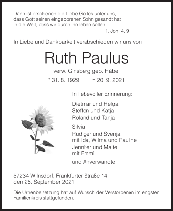 Traueranzeige von Ruth Paulus von Siegener Zeitung