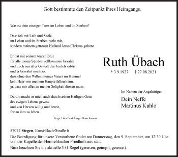 Traueranzeige von Ruth Übach von Siegener Zeitung