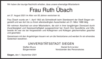 Traueranzeige von Ruth Übach von Siegener Zeitung