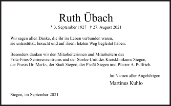 Traueranzeige von Ruth Übach von Siegener Zeitung