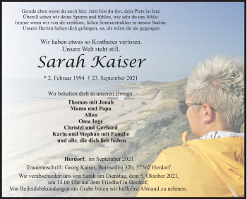 Traueranzeige von Sarah Kaiser von Siegener Zeitung