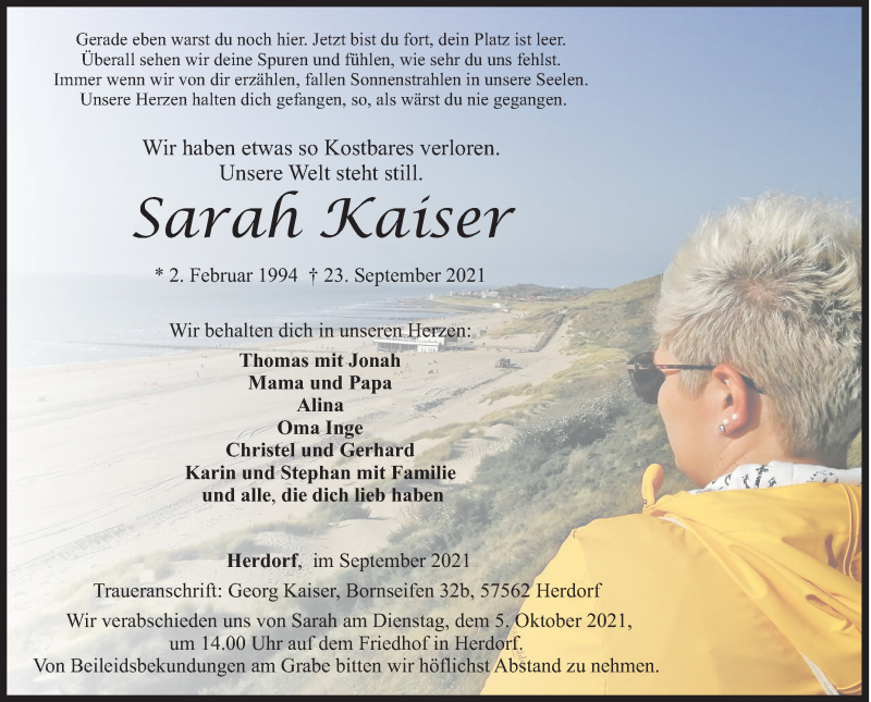  Traueranzeige für Sarah Kaiser vom 29.09.2021 aus Siegener Zeitung