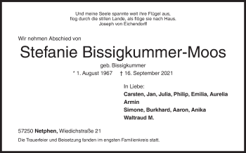 Traueranzeige von Stefanie Bissigkummer-Moos von Siegener Zeitung