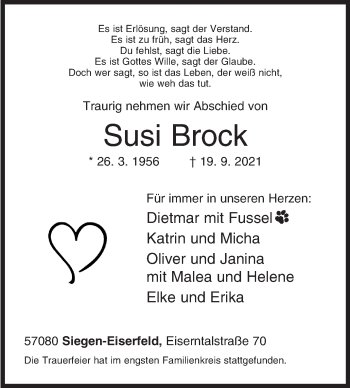 Traueranzeige von Susi Brock von Siegener Zeitung