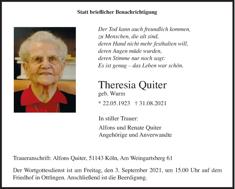  Traueranzeige für Theresia Quiter vom 02.09.2021 aus Siegener Zeitung