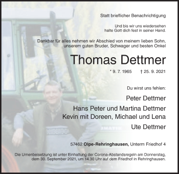 Traueranzeige von Thomas Dettmer von Siegener Zeitung