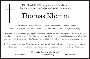 Traueranzeige von Thomas Klemm von Siegener Zeitung