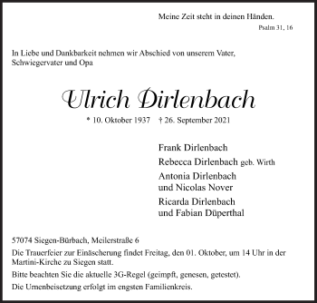 Traueranzeige von Ulrich Dirlenbach von Siegener Zeitung