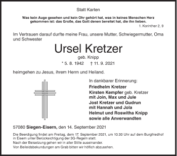 Traueranzeige von Ursel Kretzer von Siegener Zeitung