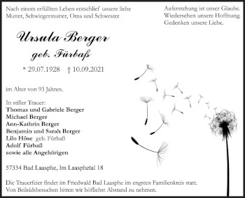 Traueranzeige von Ursula Berger von Siegener Zeitung