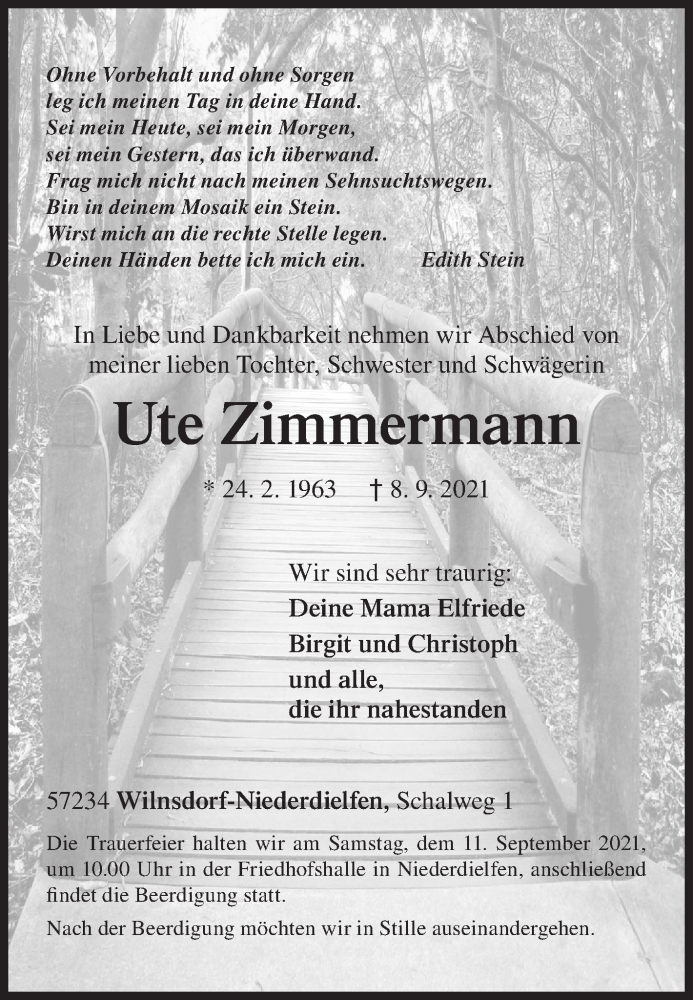 Traueranzeige für Ute Zimmermann vom 10.09.2021 aus Siegener Zeitung