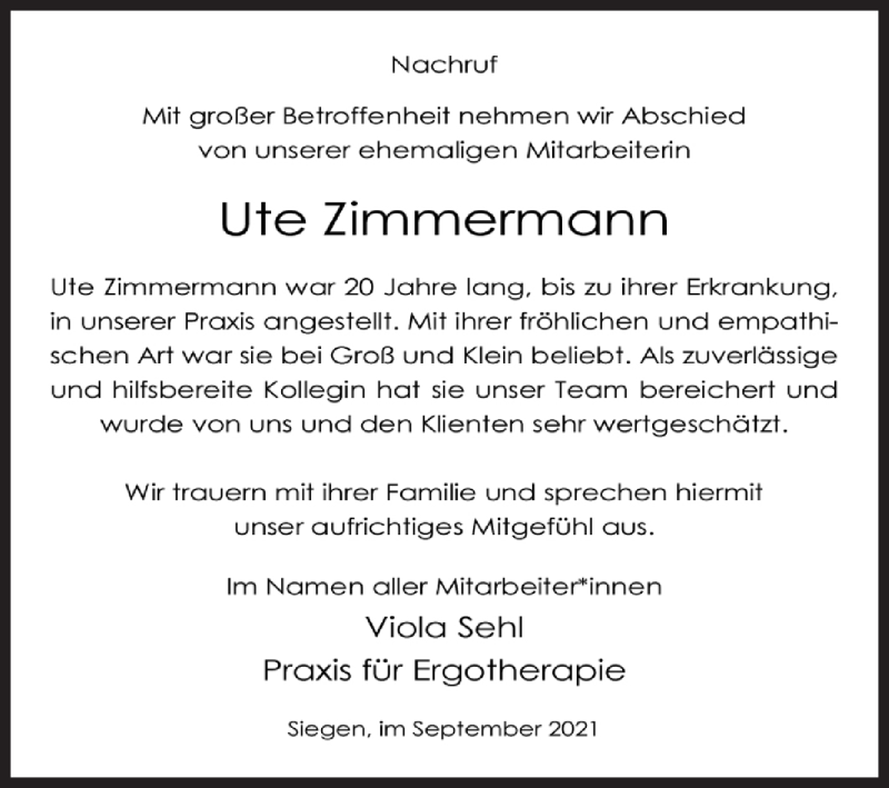  Traueranzeige für Ute Zimmermann vom 14.09.2021 aus Siegener Zeitung