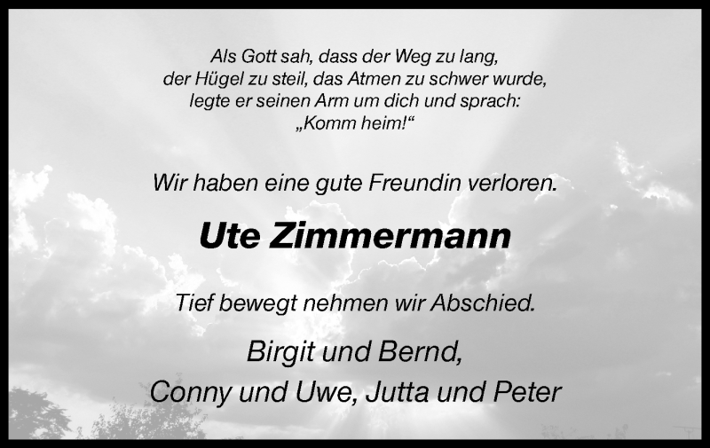  Traueranzeige für Ute Zimmermann vom 11.09.2021 aus Siegener Zeitung