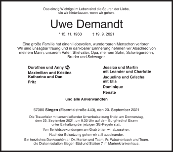 Traueranzeige von Uwe Demandt von Siegener Zeitung
