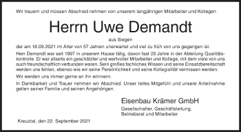 Traueranzeige von Uwe Demandt von Siegener Zeitung