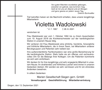 Traueranzeige von Violetta Wadolowski von Siegener Zeitung