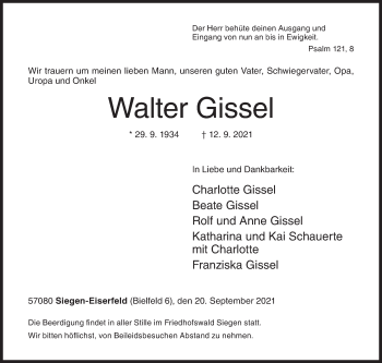 Traueranzeige von Walter Gissel von Siegener Zeitung