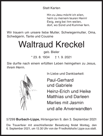 Traueranzeige von Waltraud Kreckel von Siegener Zeitung