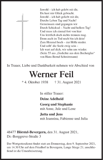Traueranzeige von Werner Feil von Siegener Zeitung