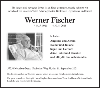 Traueranzeige von Werner Fischer von Siegener Zeitung
