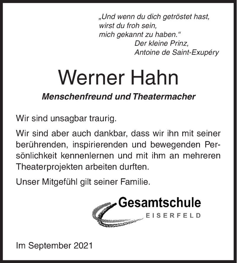 Traueranzeige für Werner Hahn vom 08.09.2021 aus Siegener Zeitung