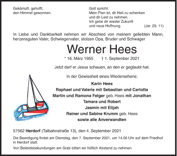 Traueranzeige von Werner Hees von Siegener Zeitung