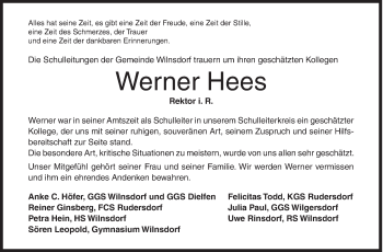 Traueranzeige von Werner Hees von Siegener Zeitung