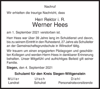 Traueranzeige von Werner Hees von Siegener Zeitung