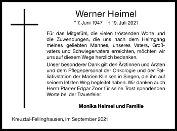 Traueranzeige von Werner Heimel von Siegener Zeitung