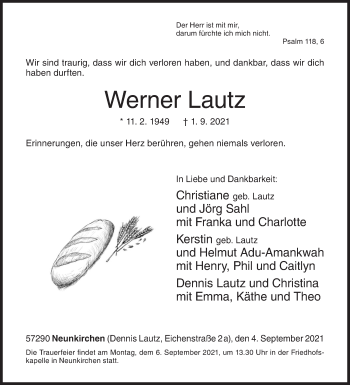 Traueranzeige von Werner Lautz von Siegener Zeitung