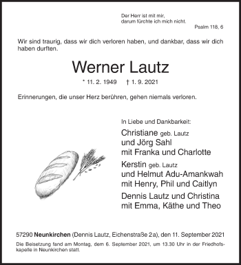 Traueranzeige von Werner Lautz von Siegener Zeitung