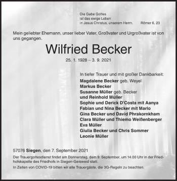 Traueranzeige von Wilfried Becker von Siegener Zeitung