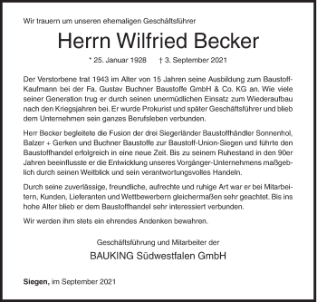Traueranzeige von Wilfried Becker von Siegener Zeitung