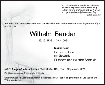 Traueranzeige von Wilhelm Bender von Siegener Zeitung