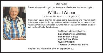 Traueranzeige von Willibald Weber von Siegener Zeitung