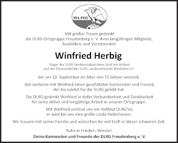Traueranzeige von Winfried Herbig von Siegener Zeitung
