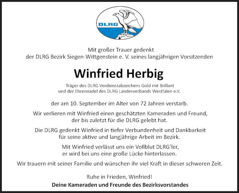  Traueranzeige für Winfried Herbig vom 18.09.2021 aus Siegener Zeitung