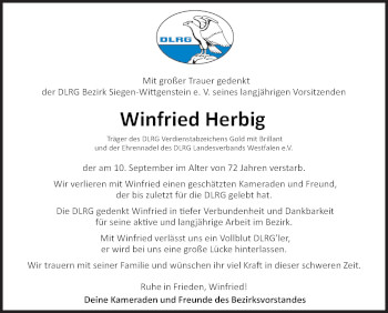 Traueranzeige von Winfried Herbig von Siegener Zeitung