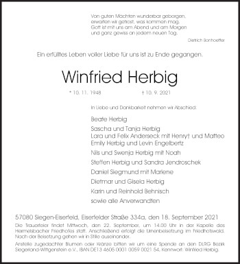 Traueranzeige von Winfried Herbig von Siegener Zeitung