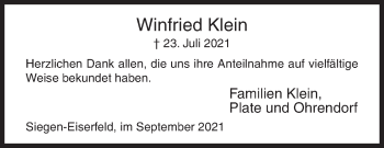 Traueranzeige von Winfried Klein von Siegener Zeitung