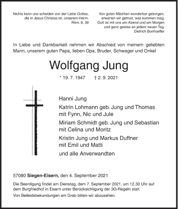 Traueranzeige von Wolfgang Jung von Siegener Zeitung