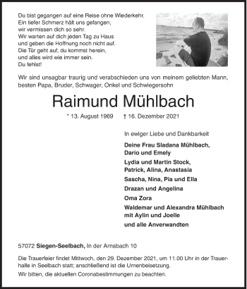 Traueranzeige von Raimund Mühlbach von Siegener Zeitung